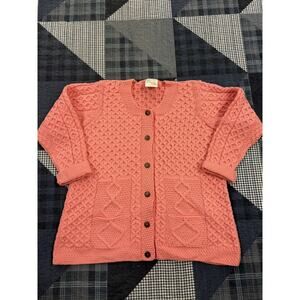 Vintage 90s Hand Knit Chunky Cable Knit‎ Cardigan Pink Sweater Womens Large